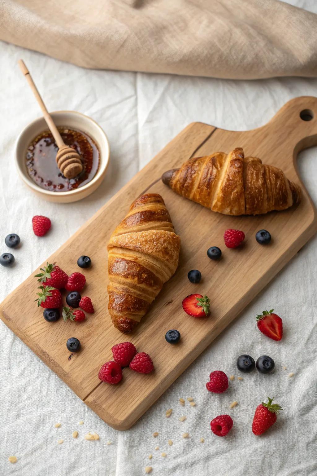 Golden croissants, bright berries, and a honey bowl on a handmade oak pastry board.