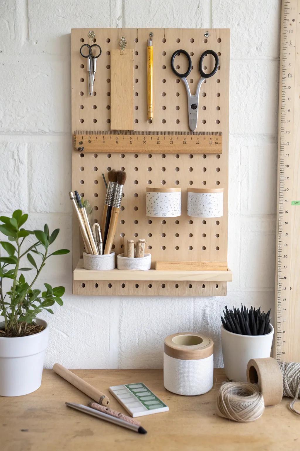 Calm craft-room pegboard station—warm wood, tidy tools, and little cups for effortless order.