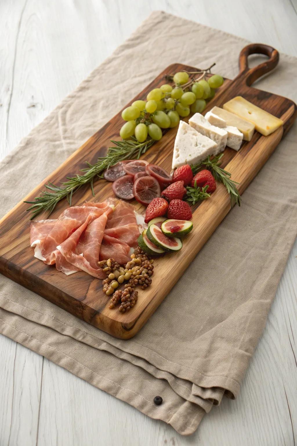 Simple rustic rectangle board—oiled grain, abundant layers, and picnic-ready charm.