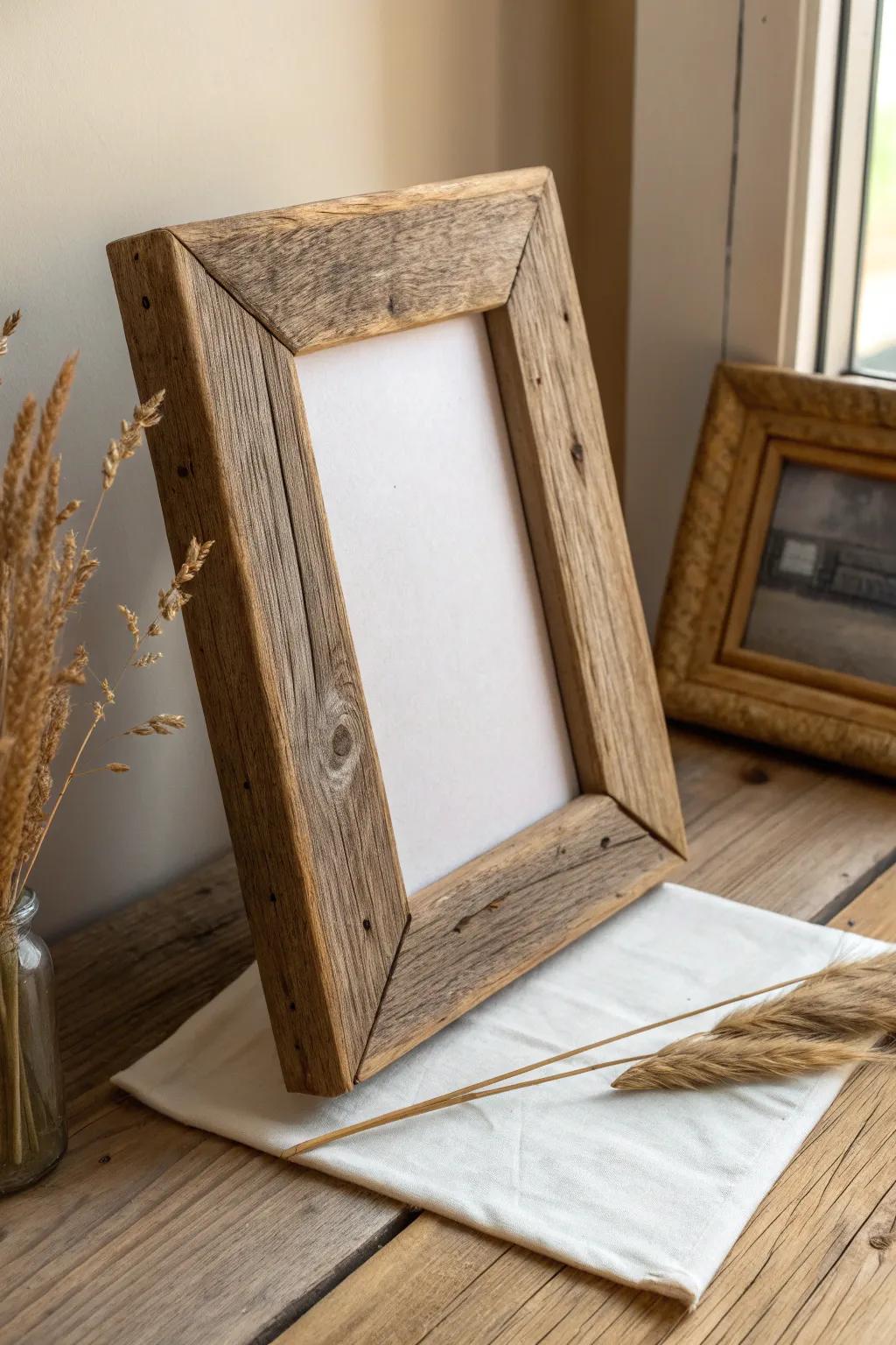 Rustic reclaimed wood frame—weathered texture, waxed finish, and timeless minimalist warmth.
