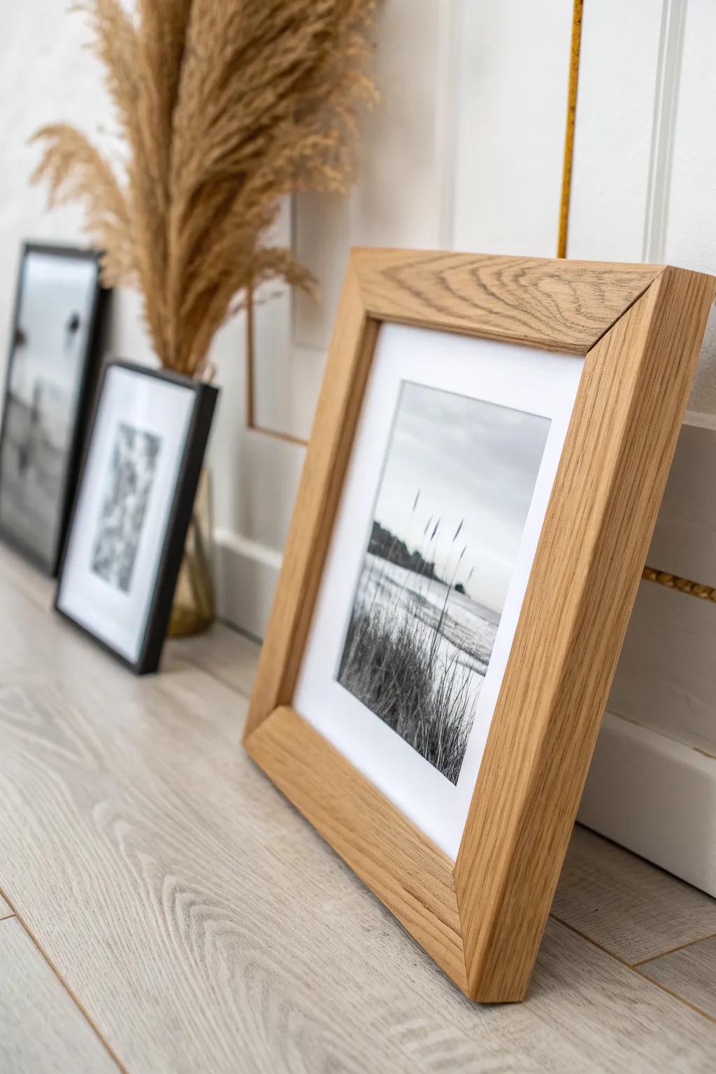 Start a loose eclectic gallery wall with one handcrafted oak frame—mix sizes, keep it calm.