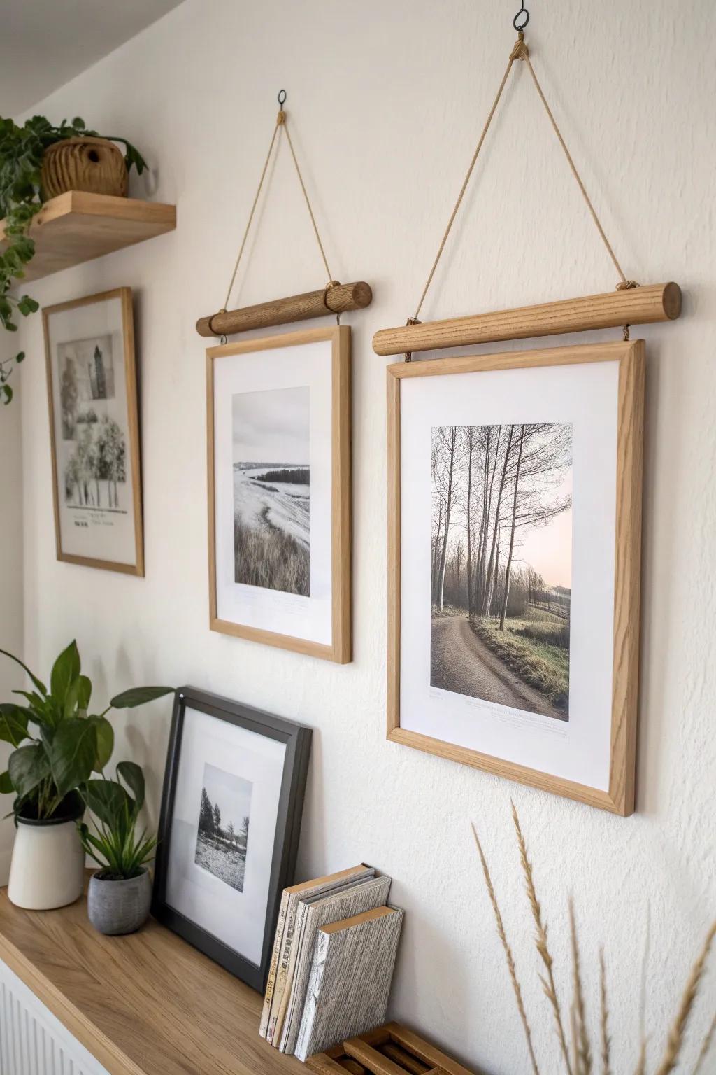 Two-row staggered picture rail hang: stacked frames for height, movement, and calm.