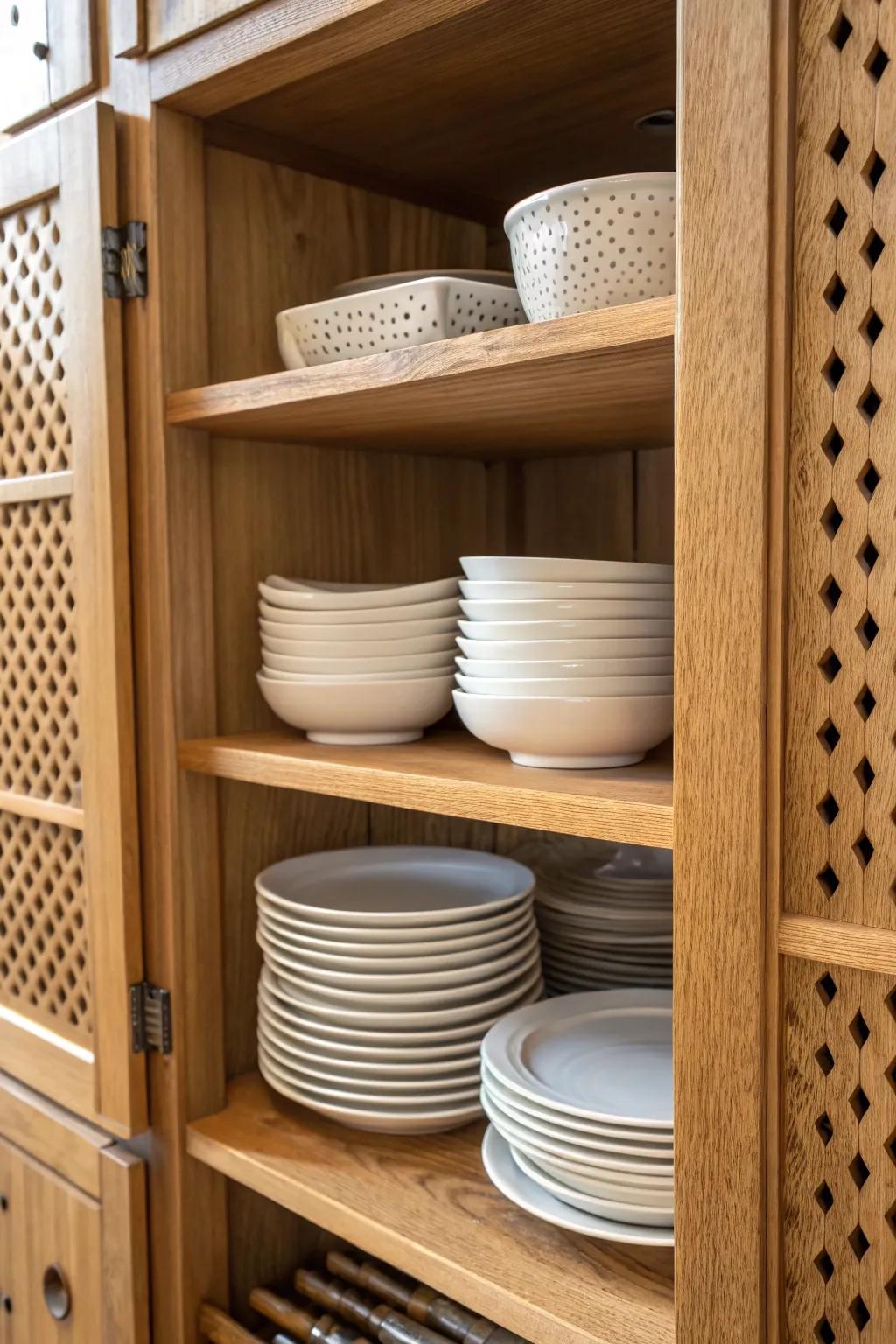 Stack white dishes largest to smallest for a calm, curated pie safe that highlights the wood grain.