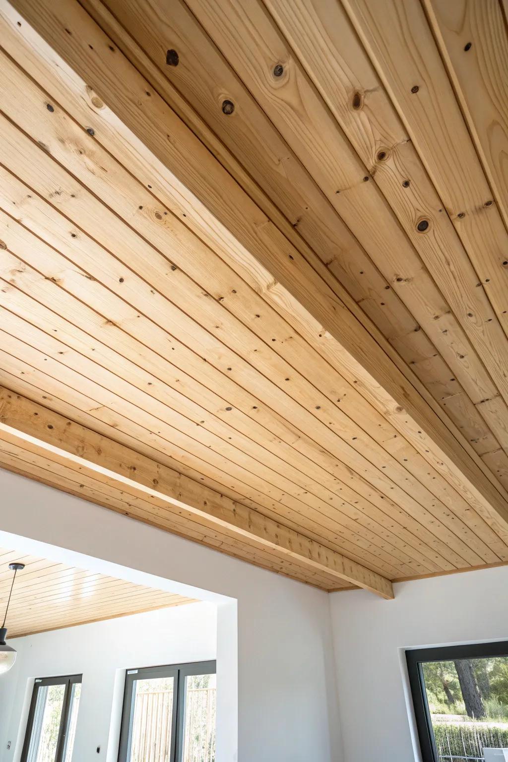 Staggered tongue-and-groove pine planks create a seamless, clean-line ceiling with warm glow.
