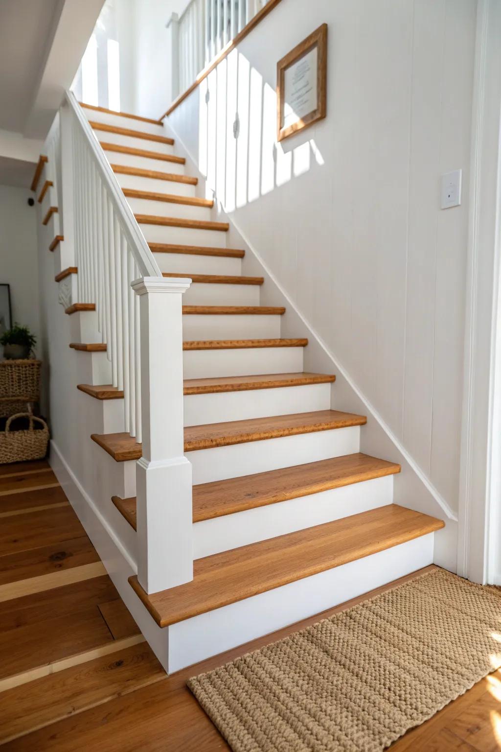 Honey-stained pine treads with bright white stringers—warm, modern farmhouse contrast.