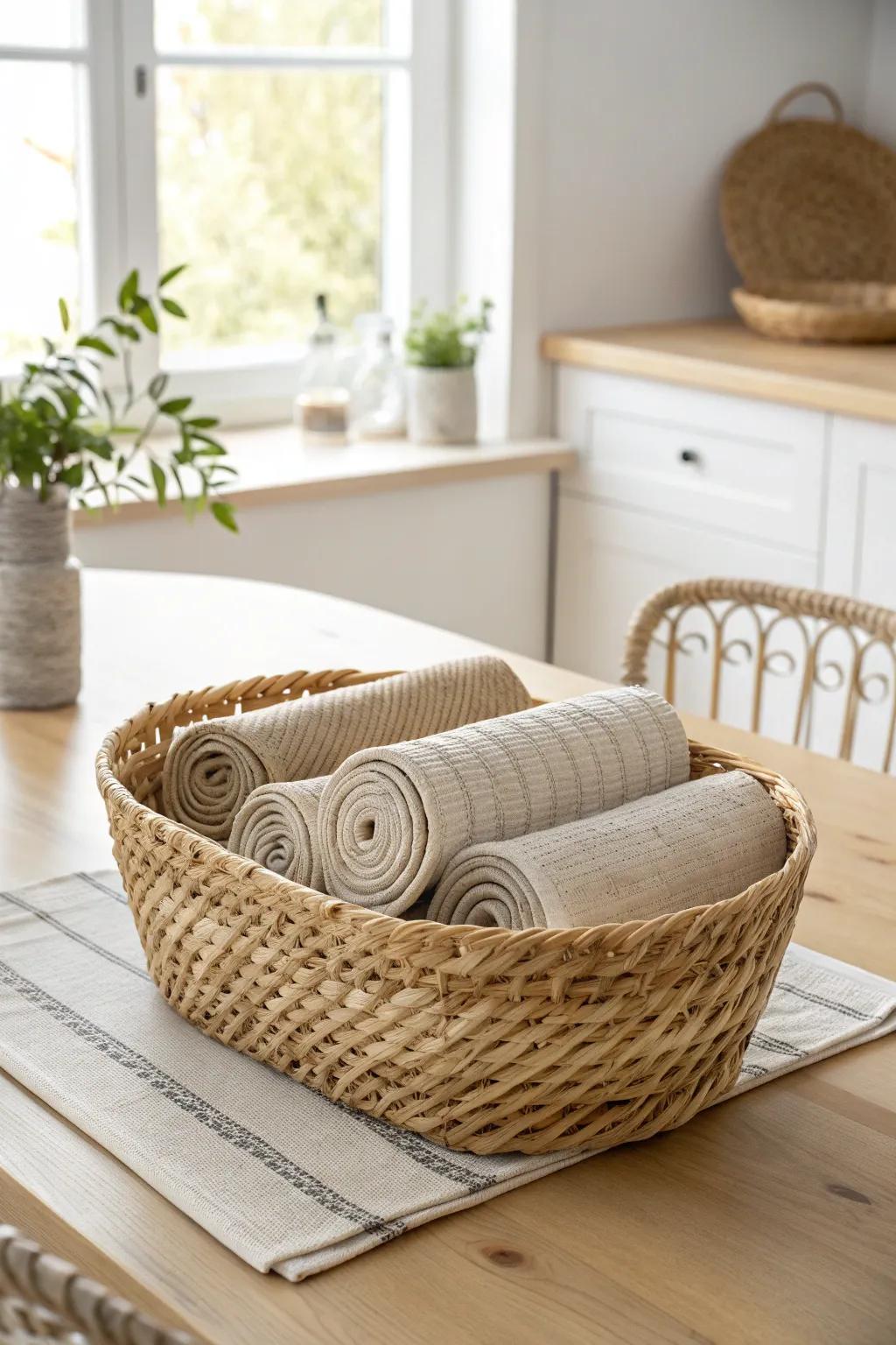 Elevate your kitchen organization with the rustic elegance of a wicker basket for placemat storage.