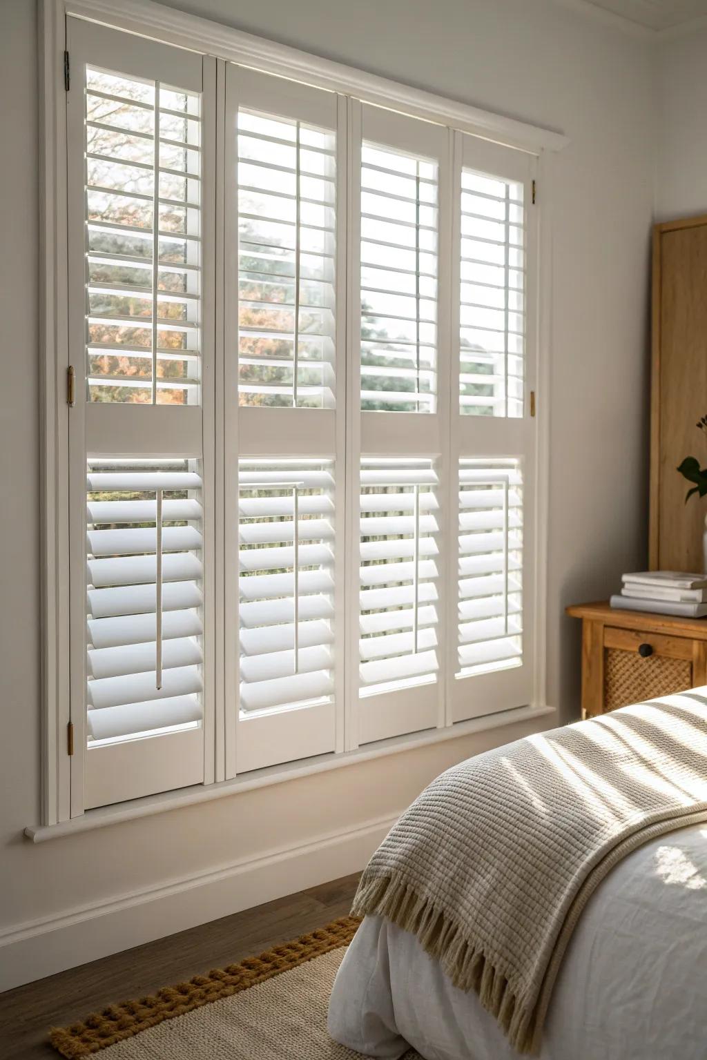 Fully closed wood shutters with soft linen layers—sleepy, glare-free light with warm minimal style.