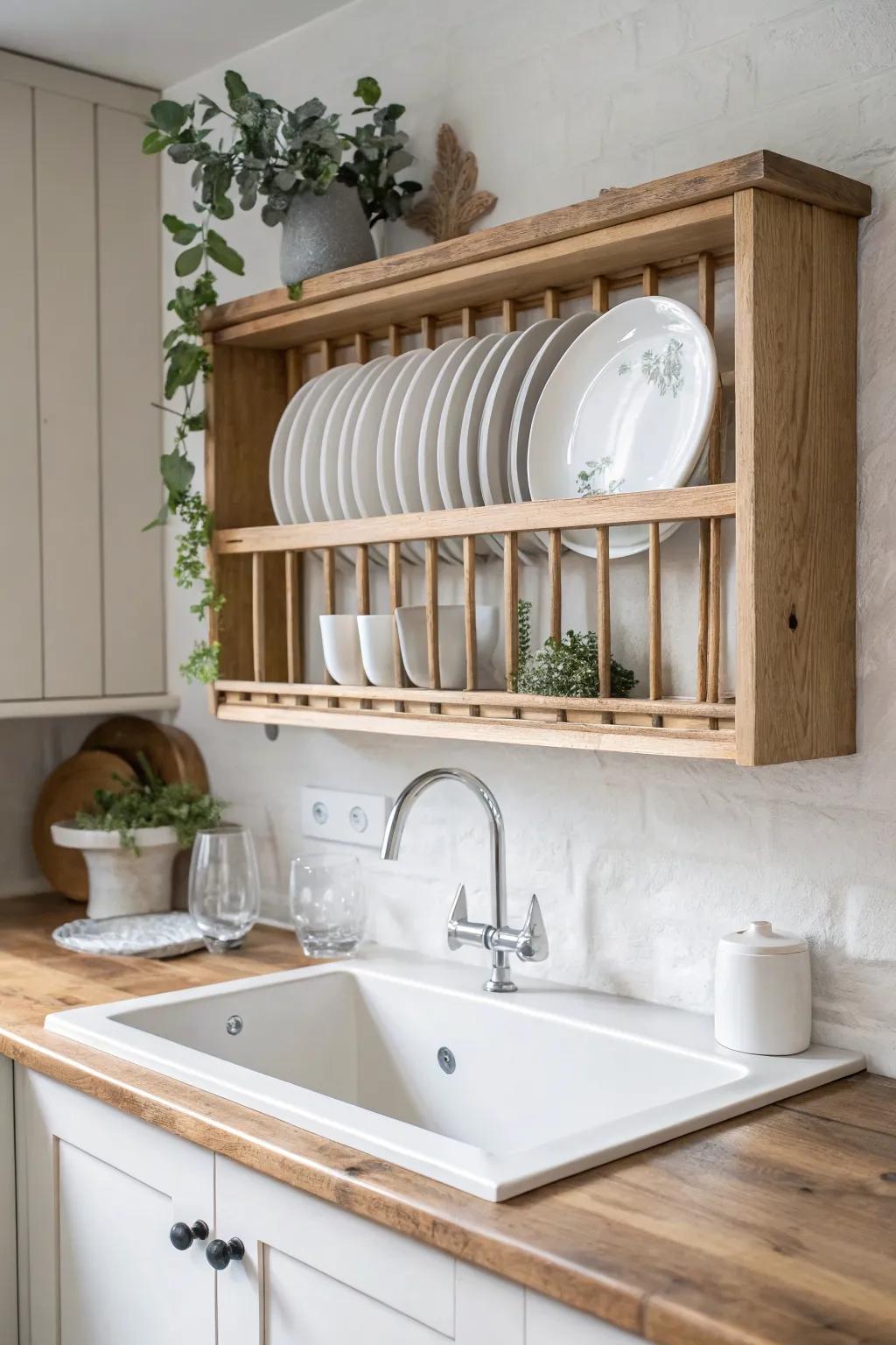 A shallow oak plate rack above the sink—practical drip-dry storage with calm, crafted beauty.