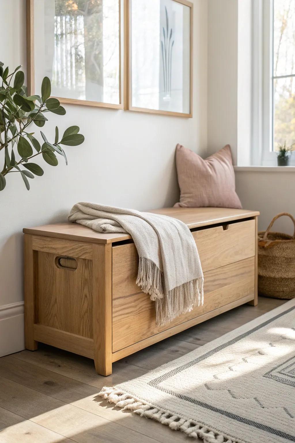 Keep big pieces neutral in light wood—then swap in color with pillows, art, and cozy throws.