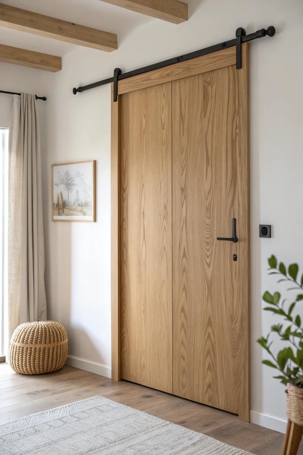 Simple wall sliding door on an exposed rail—space-saving, minimal, and beautifully crafted.