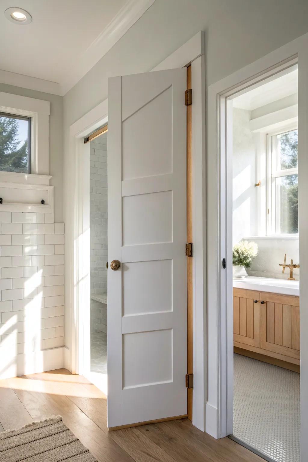 Timeless white Shaker pocket door—clean lines, warm oak accents, and effortless bathroom style.