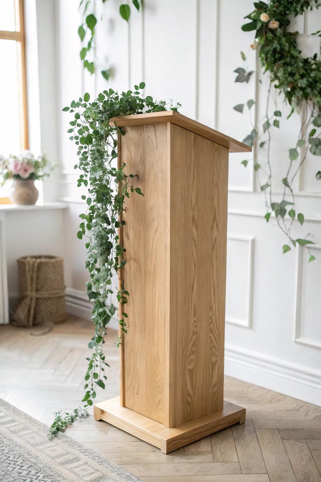 A sleek oak podium with a tight eucalyptus cascade—natural, intentional, and mic-friendly.