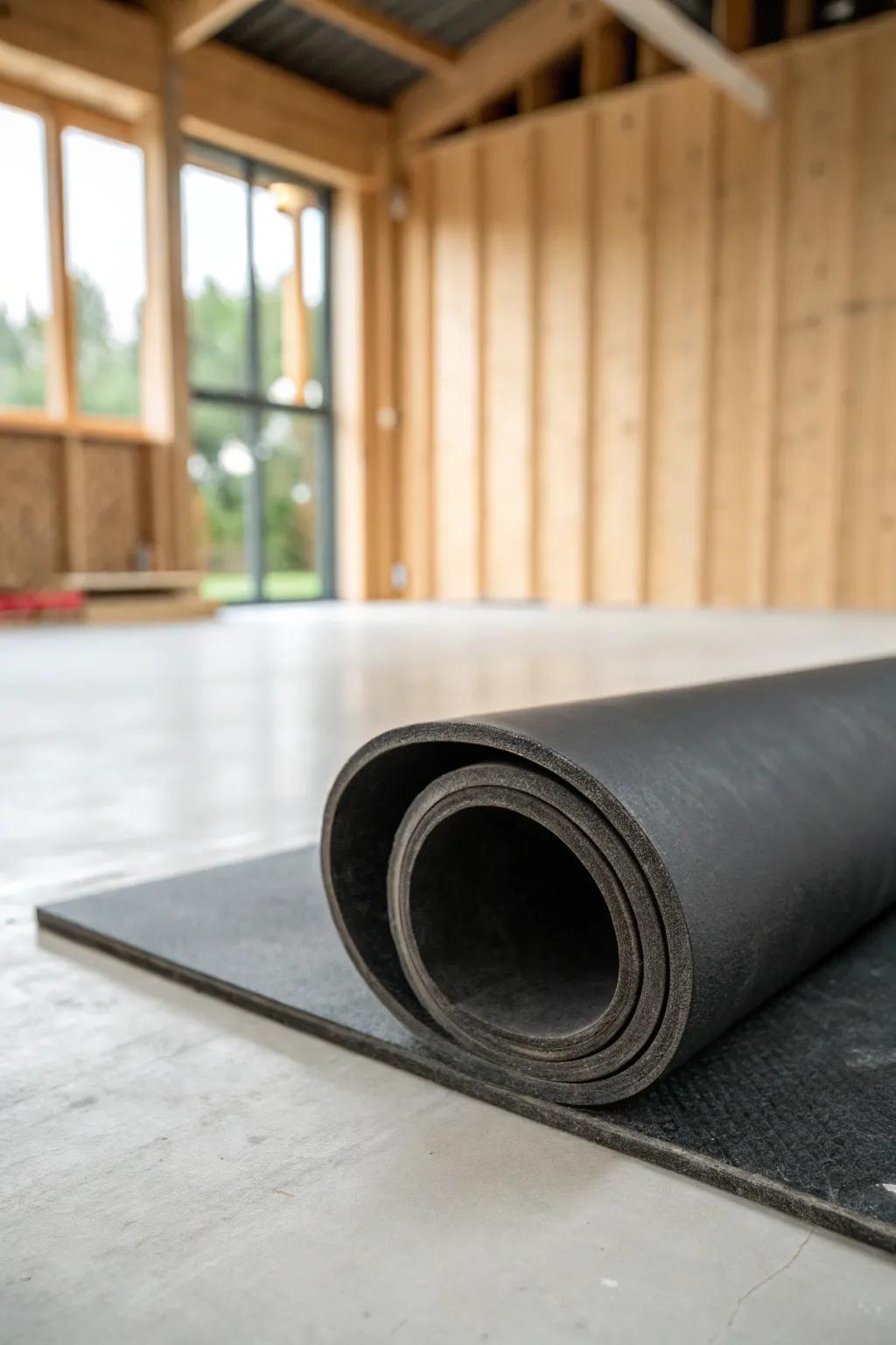 Thick stall mats over concrete—quieter lifts, cushioned joints, and a finished pole barn feel.