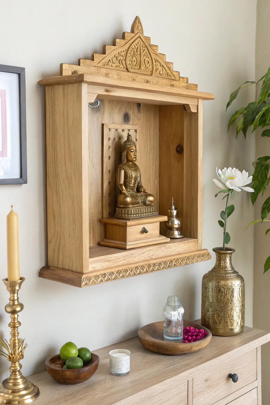 Clean wall-mounted shelf mandir in light oak—minimal, airy, and beautifully crafted.