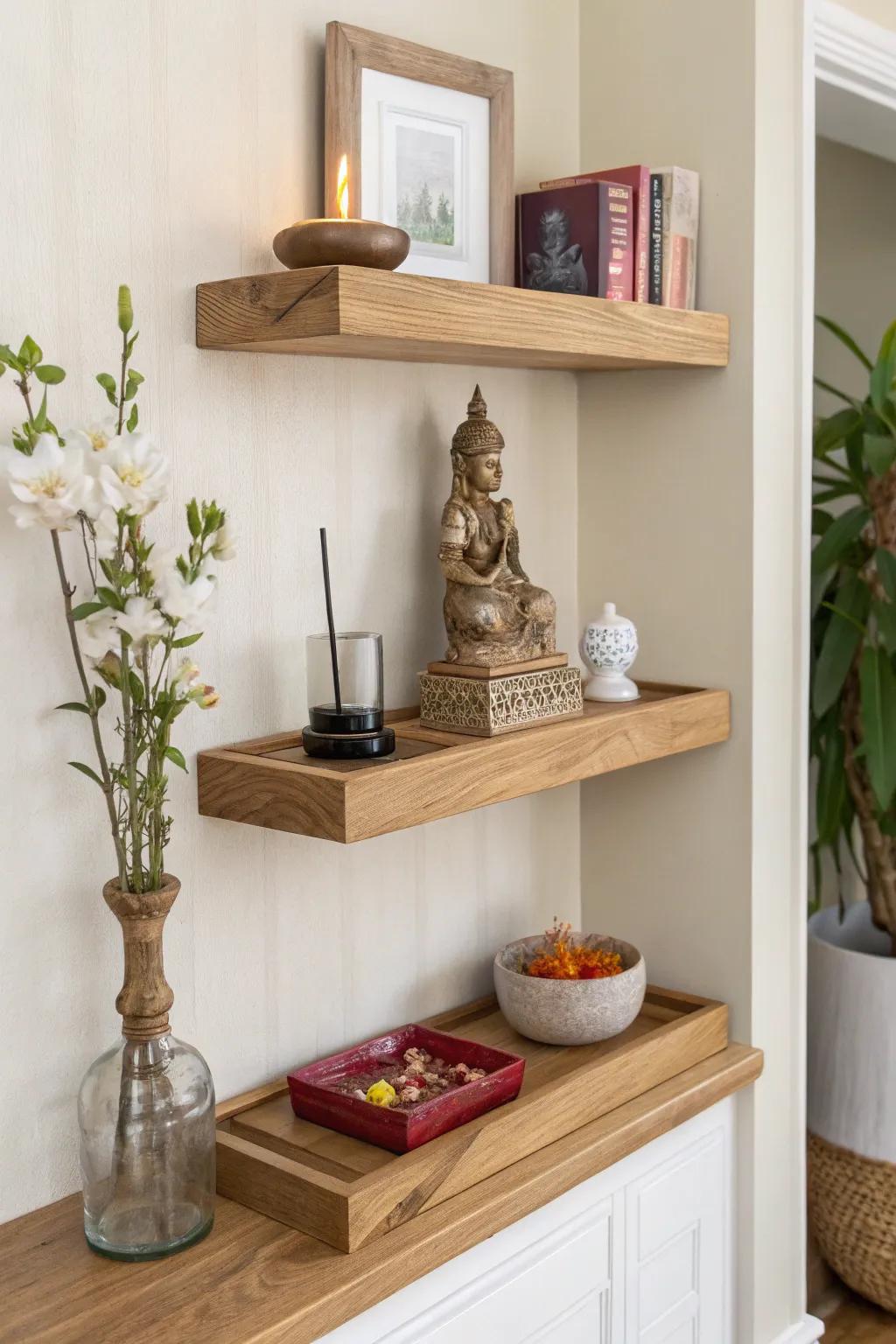 A layered floating-shelf pooja altar: serene, space-saving, and easy to keep spotless.