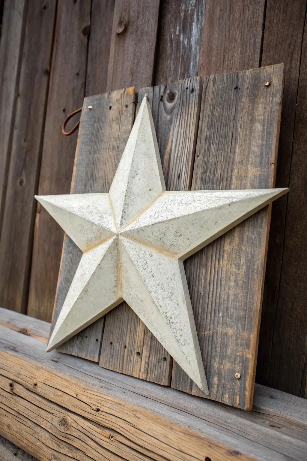 Weathered wood backer + dulled barn star: simple primitive charm with authentic patina.