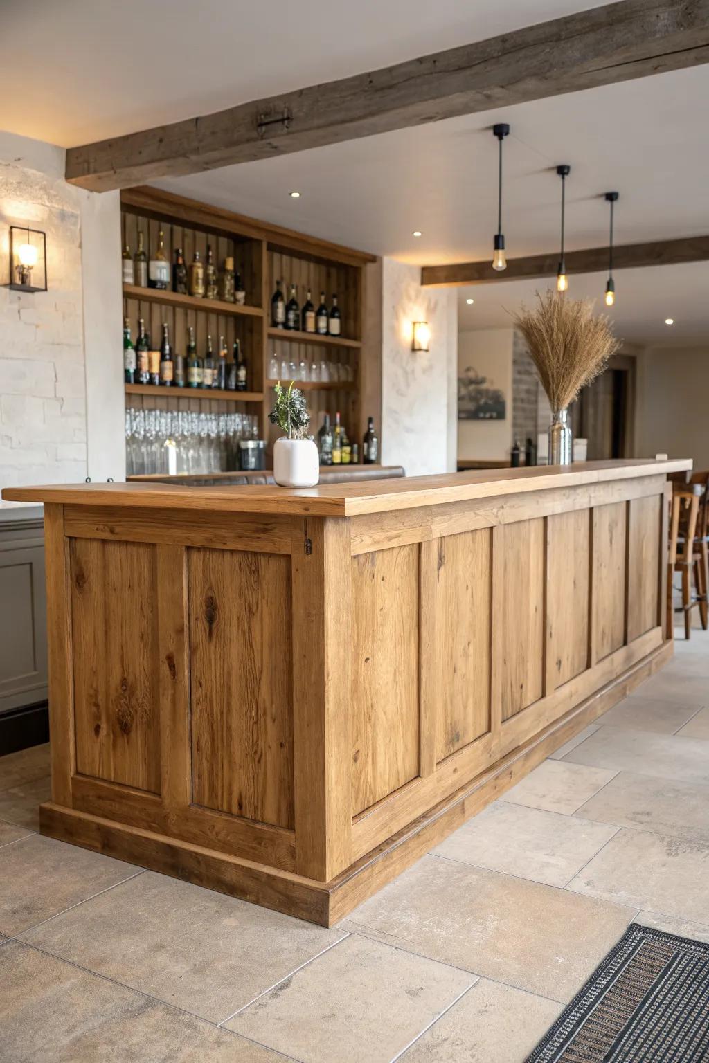 A chunky reclaimed-wood bar counter with paneled front—timeless pub character, made to last.