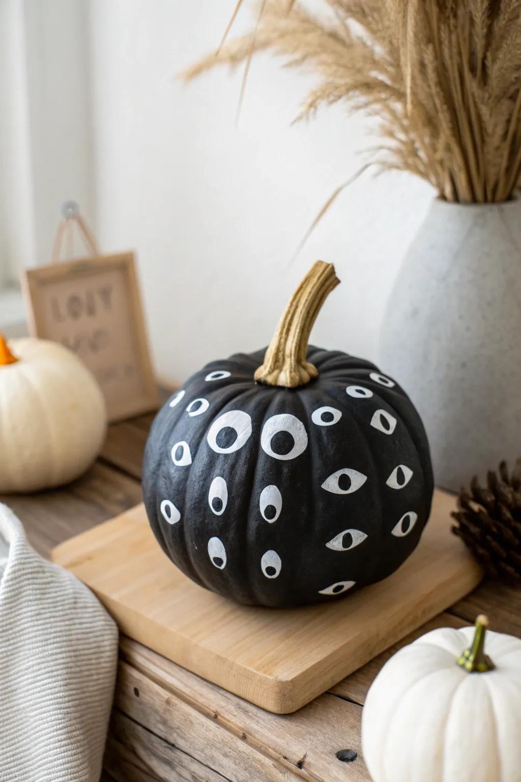 Embrace the charm of simplicity with a touch of whimsy: a matte black pumpkin with googly eyes.