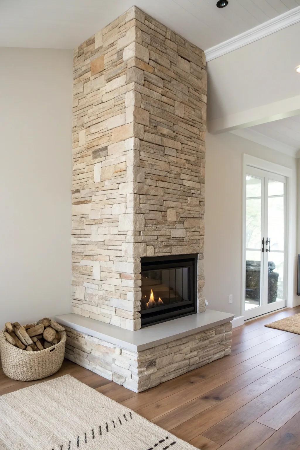 Floor-to-ceiling stacked stone makes a hearthless raised fireplace feel grounded and luxe.