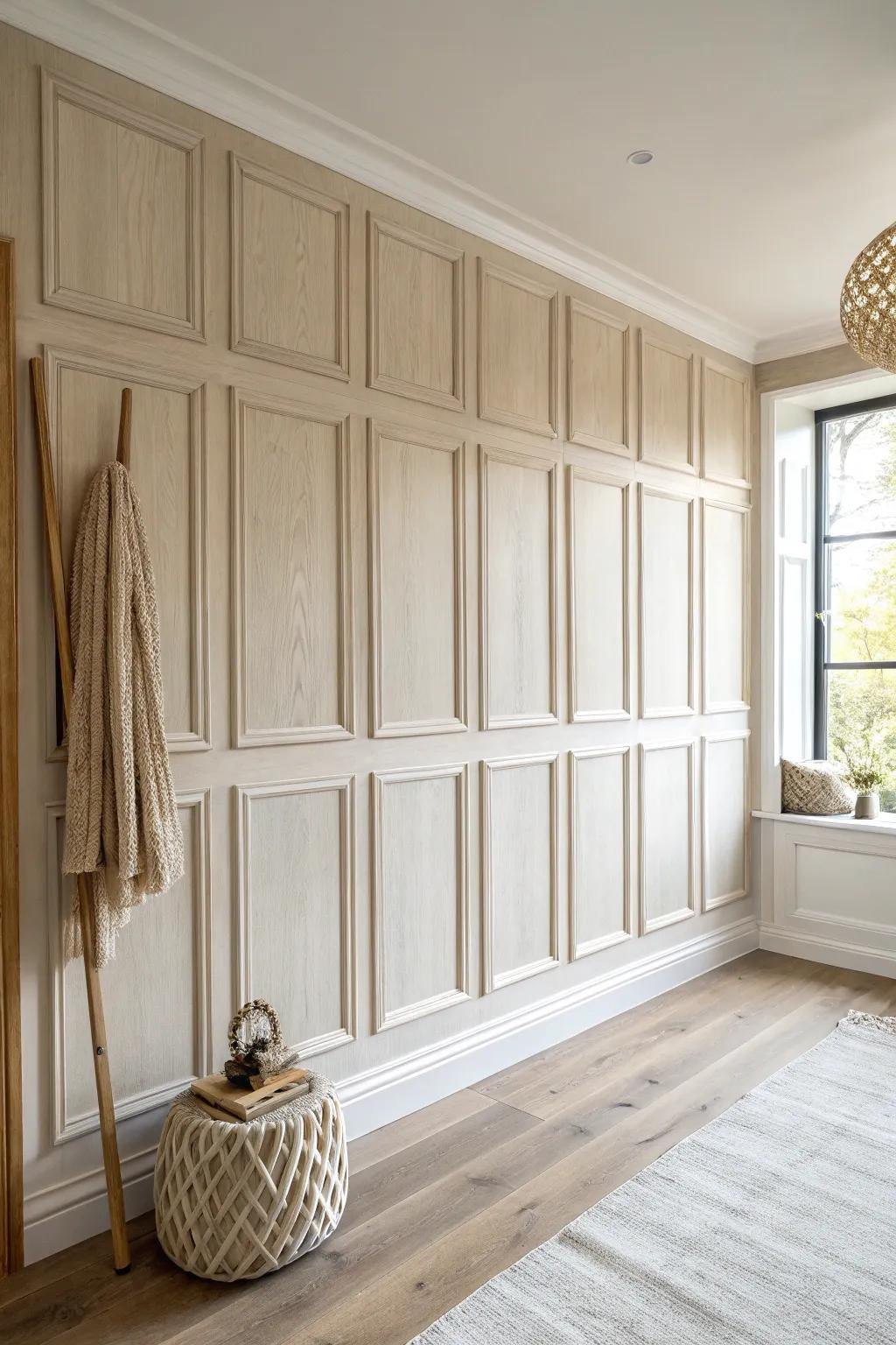 Floor-to-ceiling raised panels in pale oak add instant architecture and make the room feel taller.