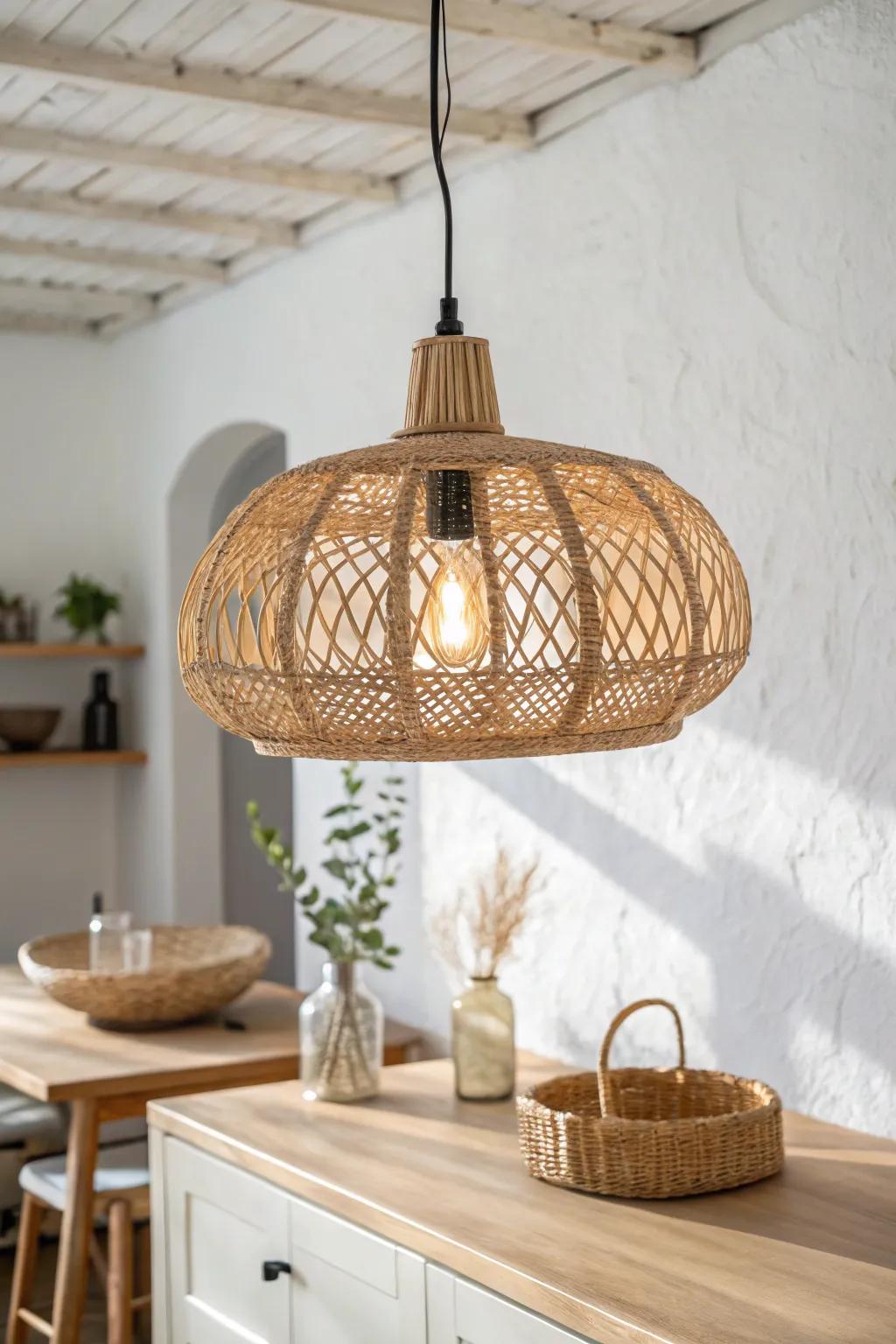 Warm rattan pendant light casting lace-like shadows for a cozy Scandi-boho evening glow.