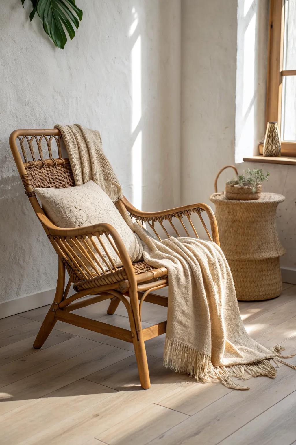 A cozy rattan accent chair with linen layers—minimal, warm, and perfectly conversation-ready.