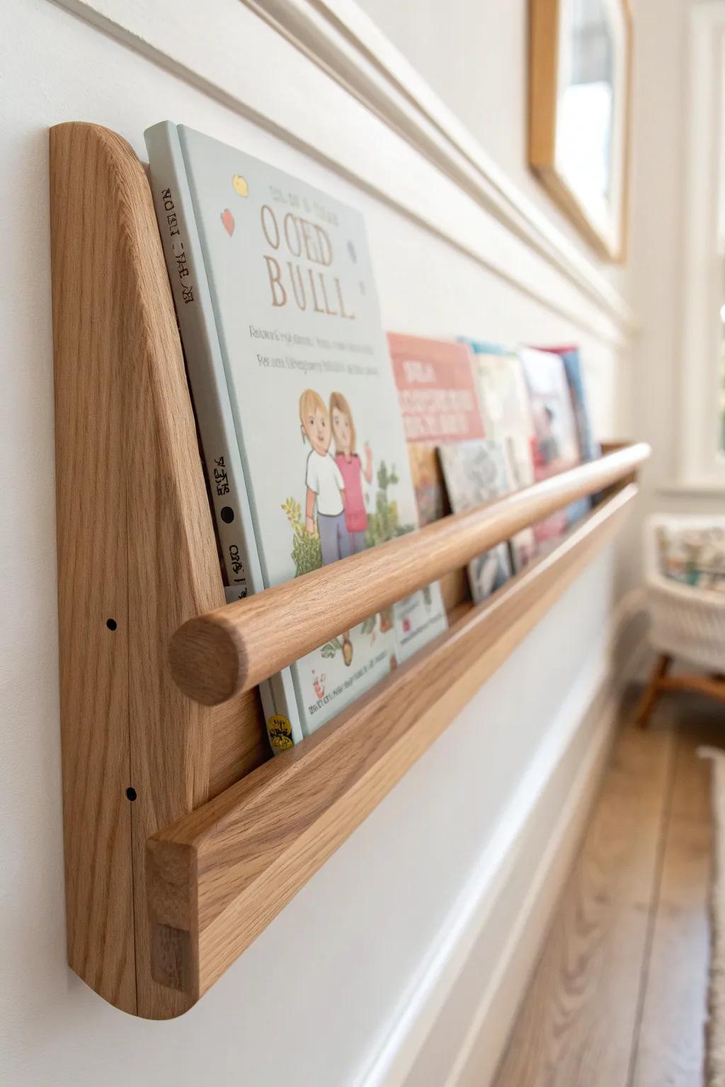 A simple wood book ledge that makes one featured cover pop—perfect for a fresh reading corner.
