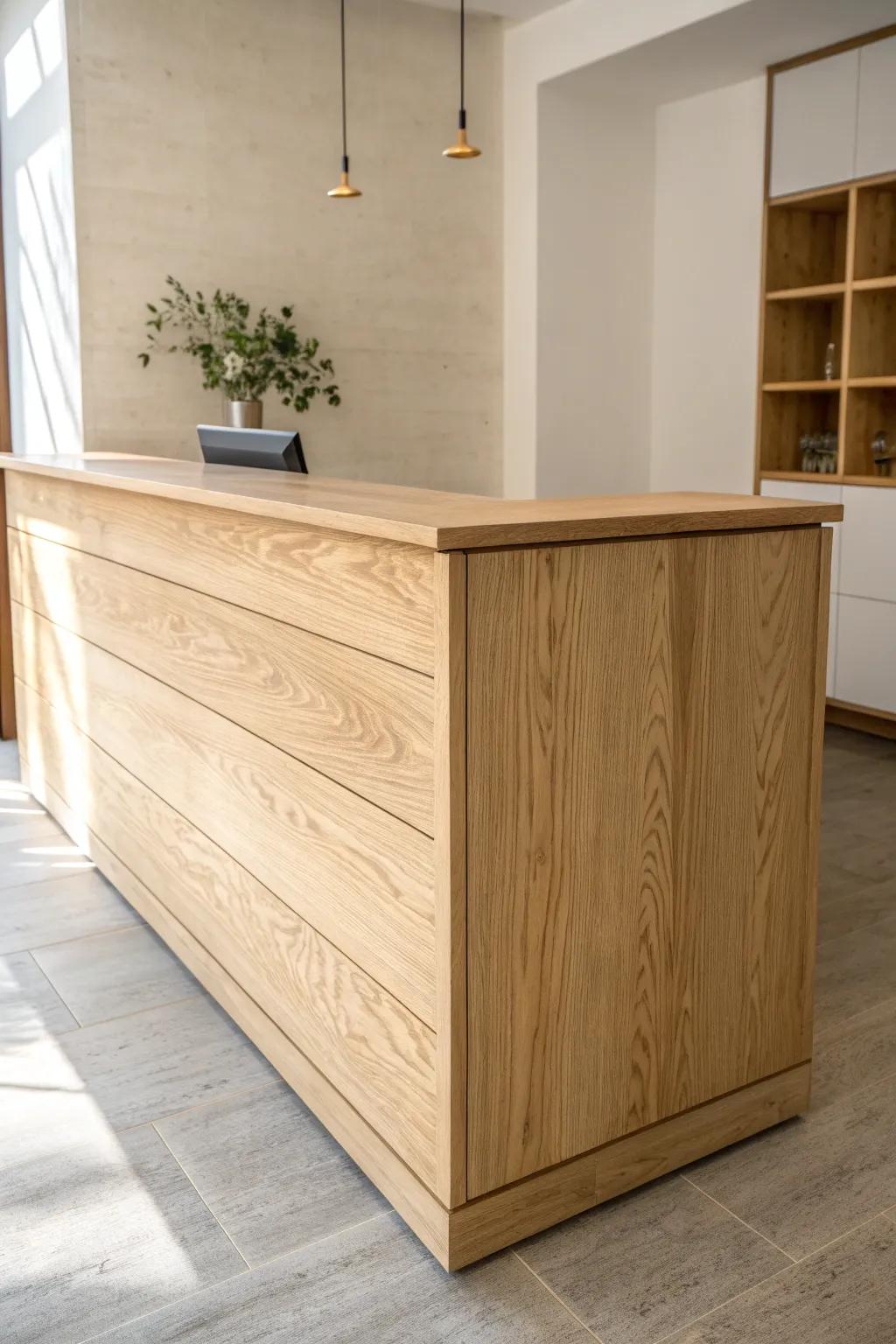 An L-shaped oak check-in counter that defines the “stand here” spot—simple, warm, organized.