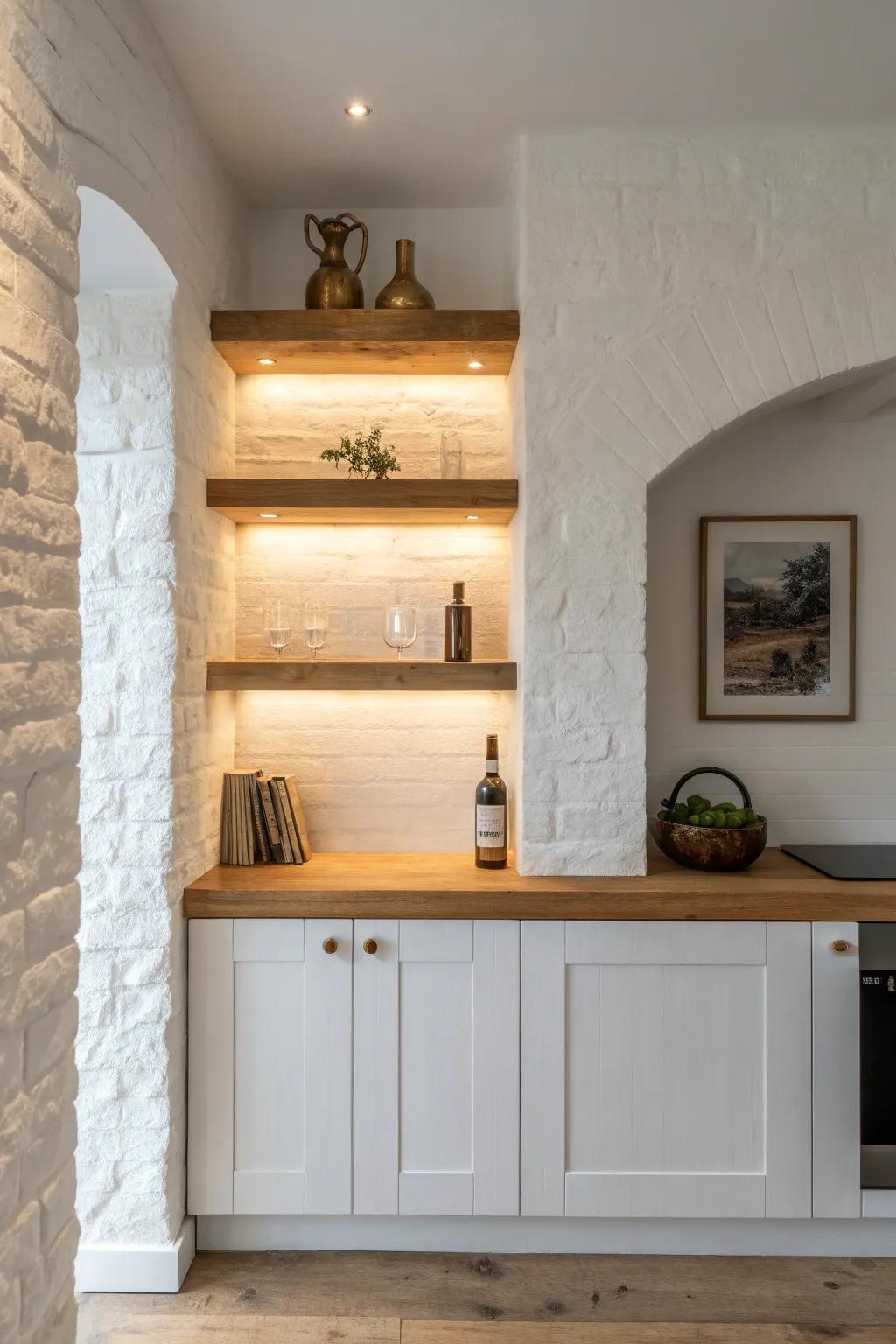 A recessed alcove bar with chunky floating oak shelves—clean, cozy, and display-ready.