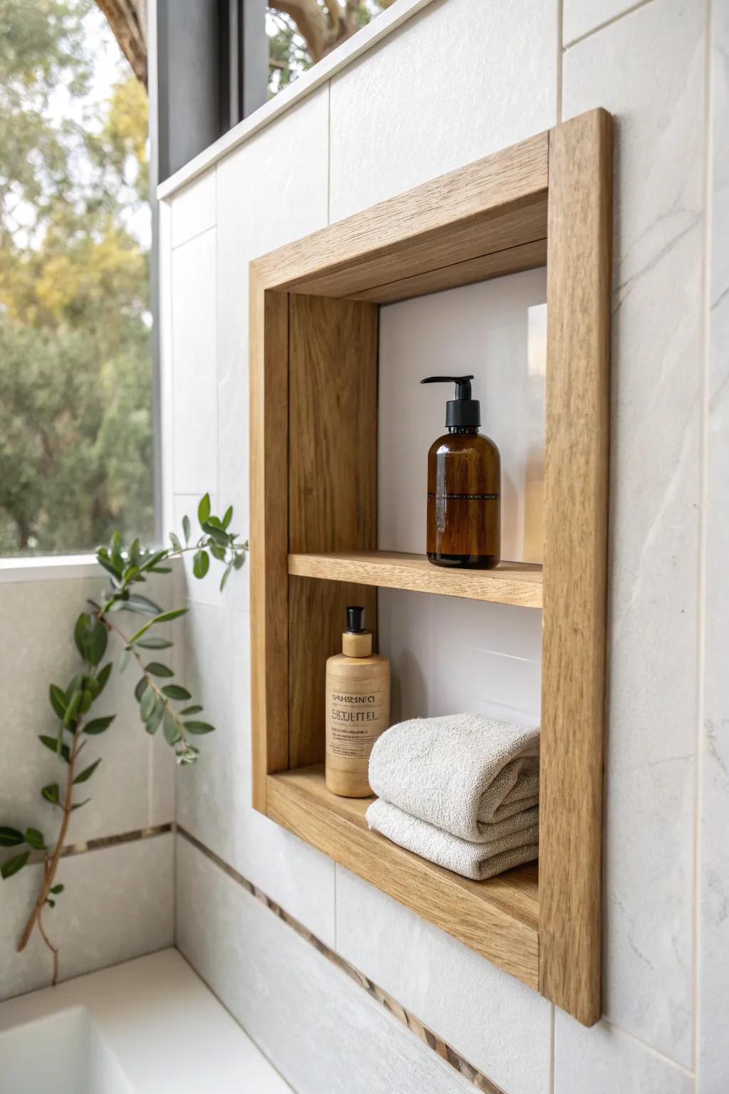 A recessed shower niche with oak trim keeps toiletries tidy and gives a custom spa look.