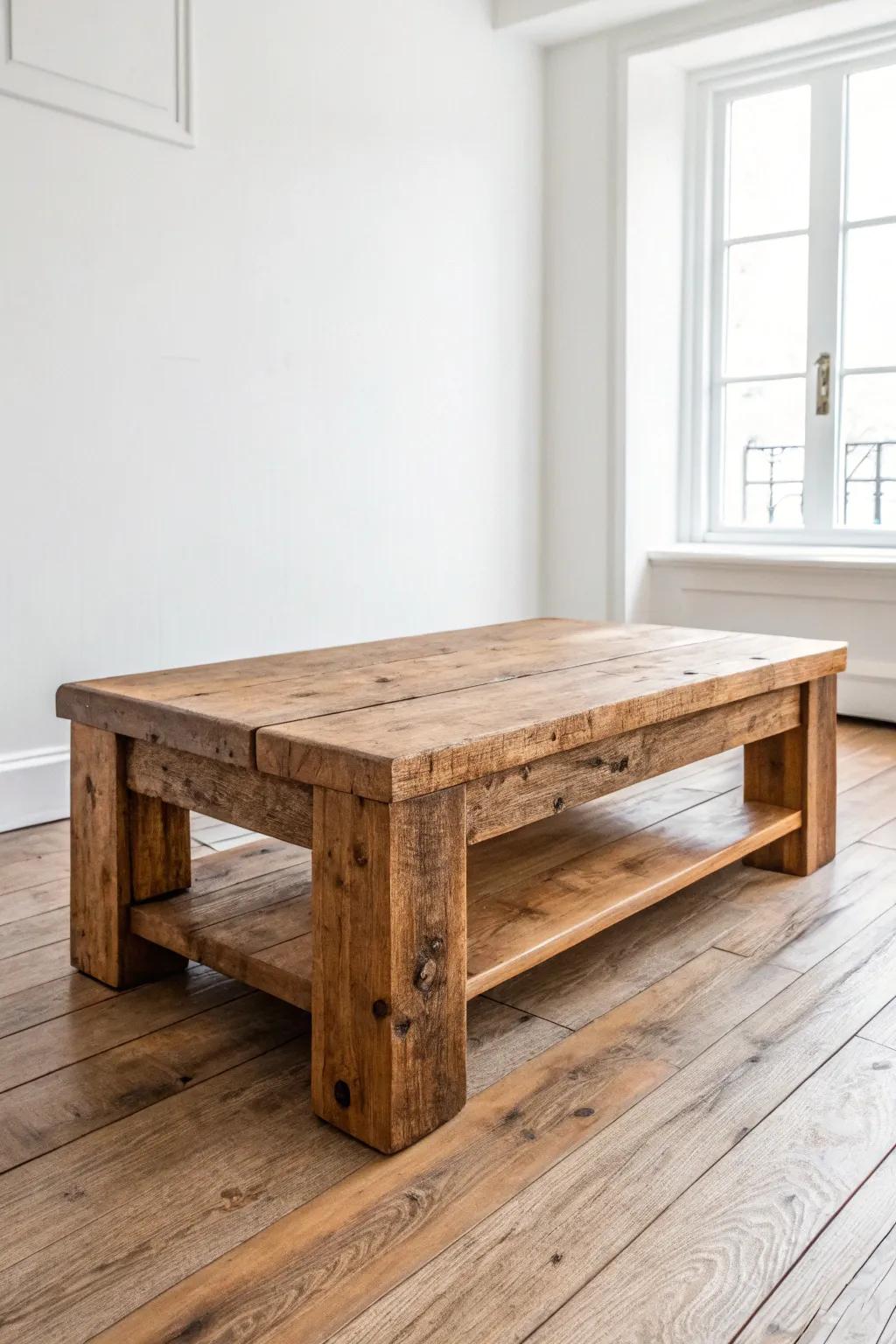 Chunky reclaimed wood coffee table—soft edges, mixed-board shelf, and a gorgeous patina.