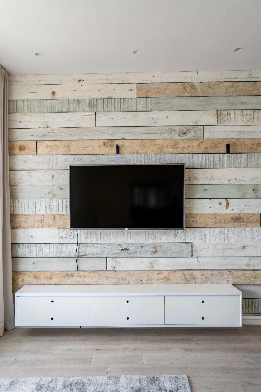 Reclaimed wood TV feature wall—darker center planks make the screen feel seamlessly built‑in.