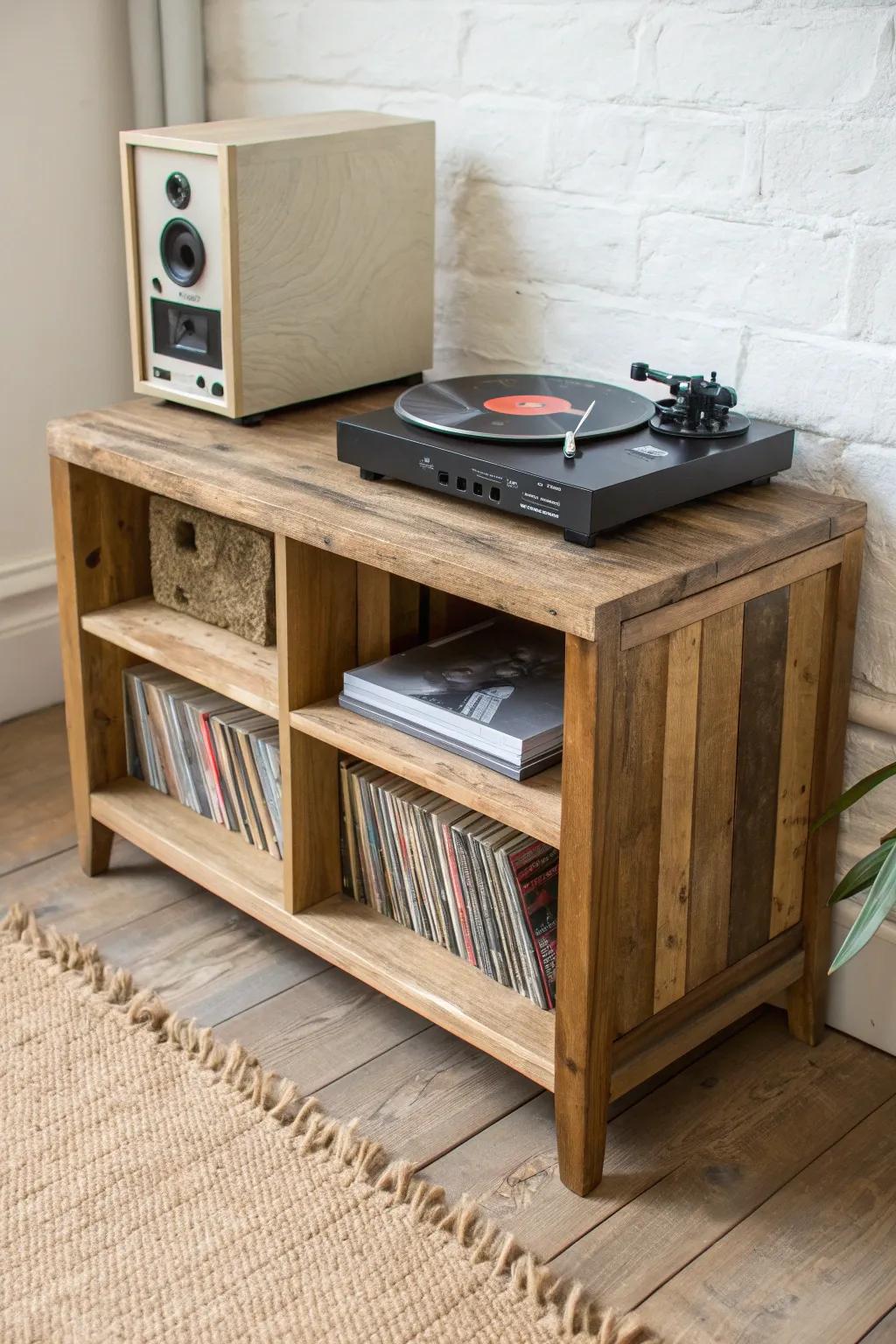 Reclaimed-wood console with three LP cubbies—rustic, minimal, and made for tidy cables.