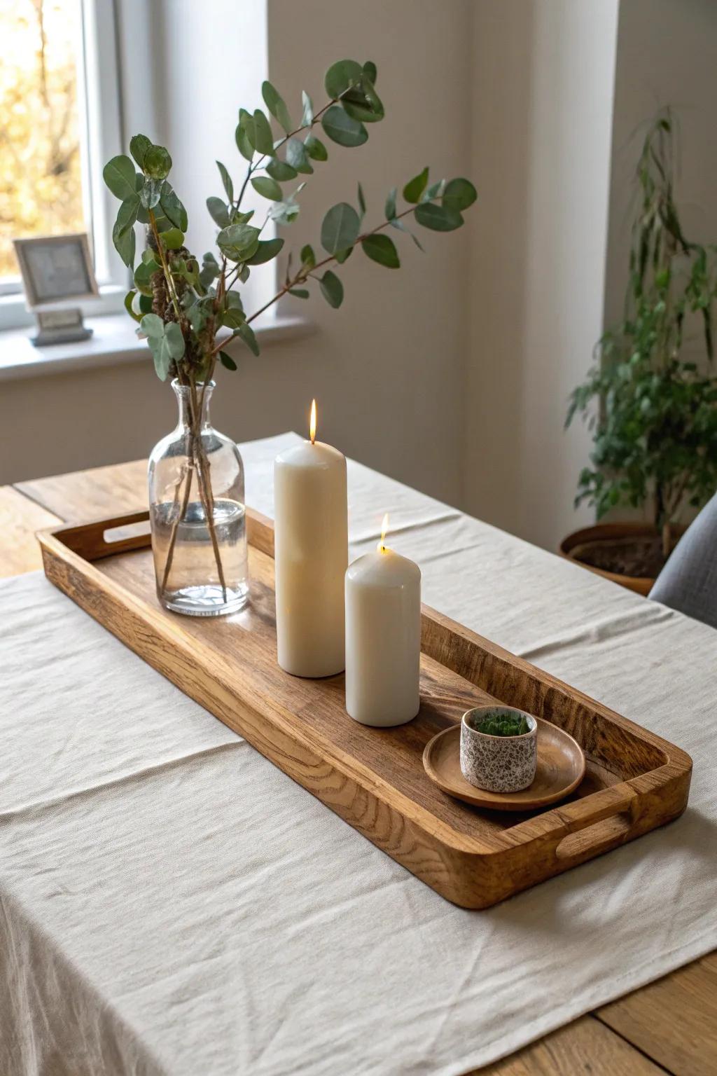 A long wood tray anchors your rectangle table—keeping candles and stems styled, not scattered.