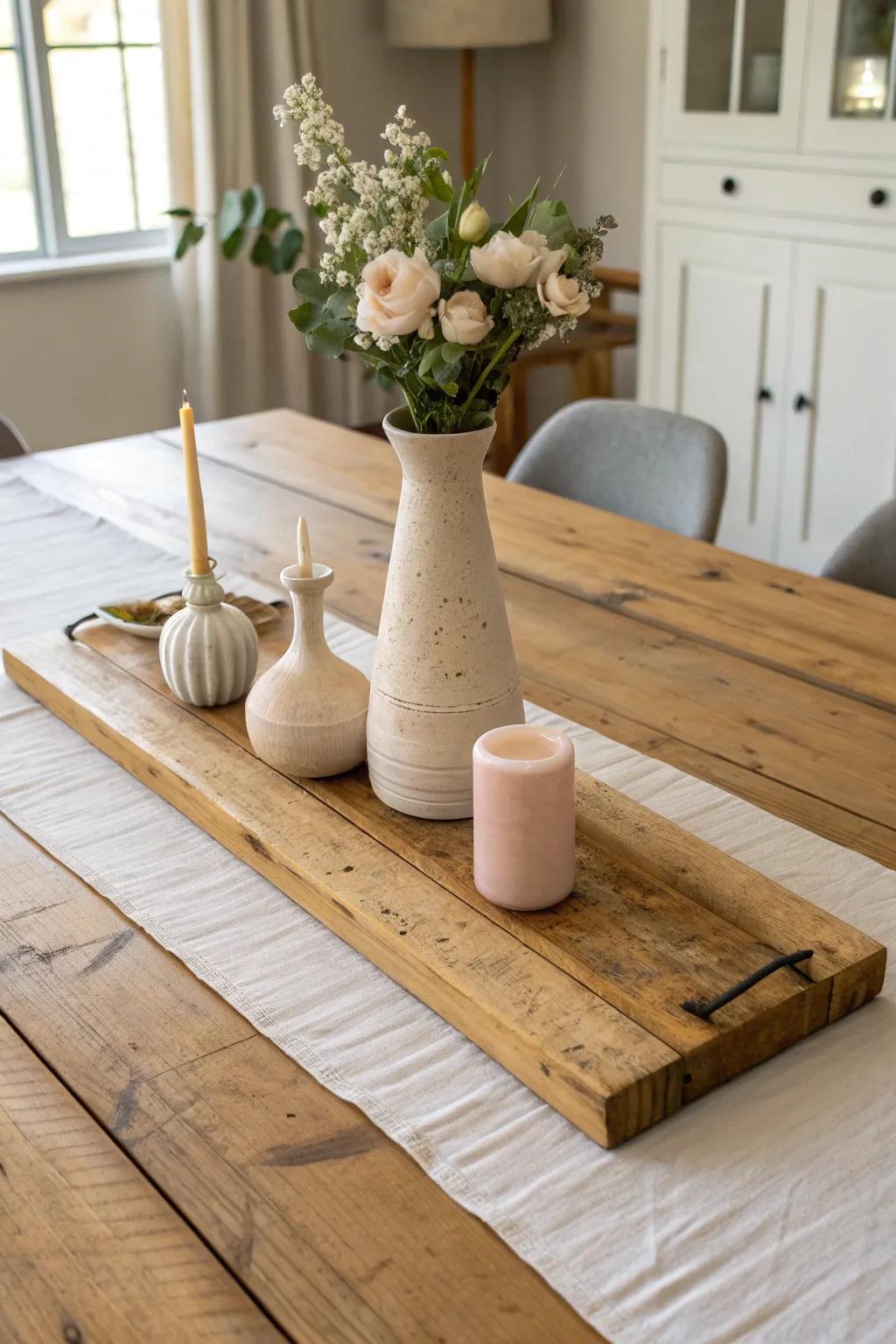 Reclaimed wood plank centerpiece board—simple, grounded, and effortlessly curated.