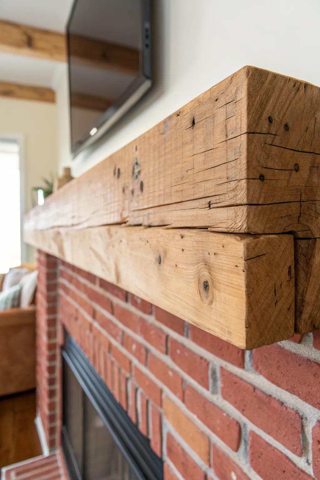Chunky reclaimed wood mantel adds warmth and texture to a red brick fireplace—simple, handmade charm.