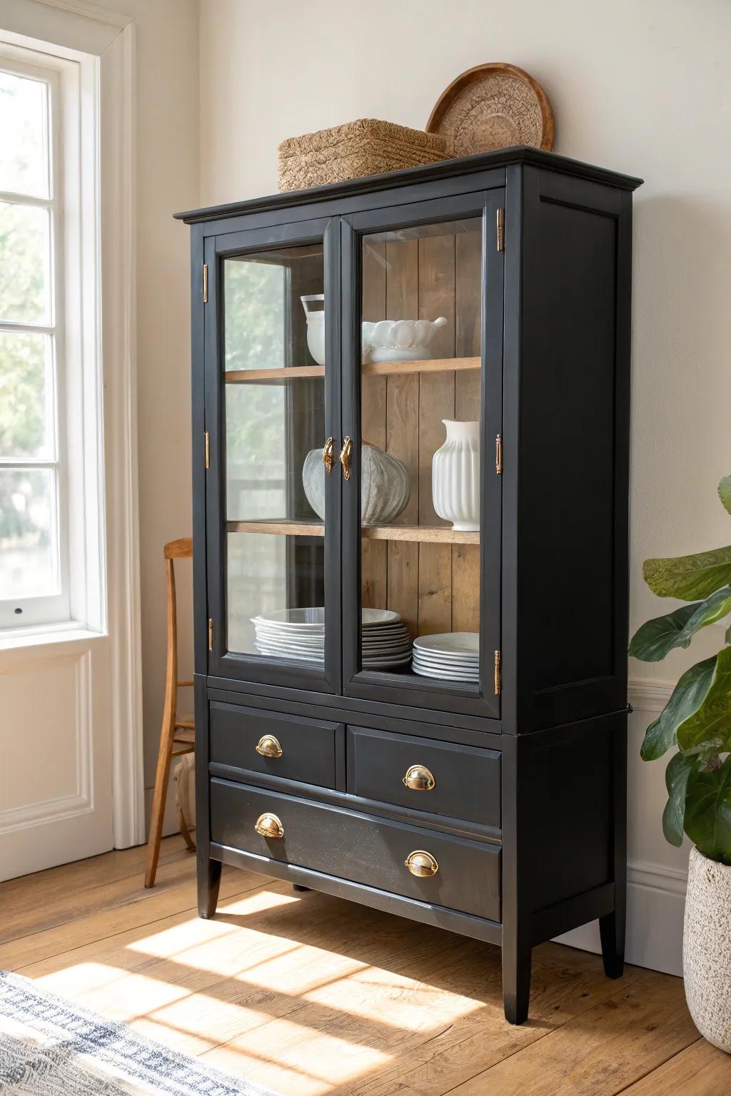 Matte black transforms a dated china cabinet into sleek, modern drama—simple, moody, and luxe.