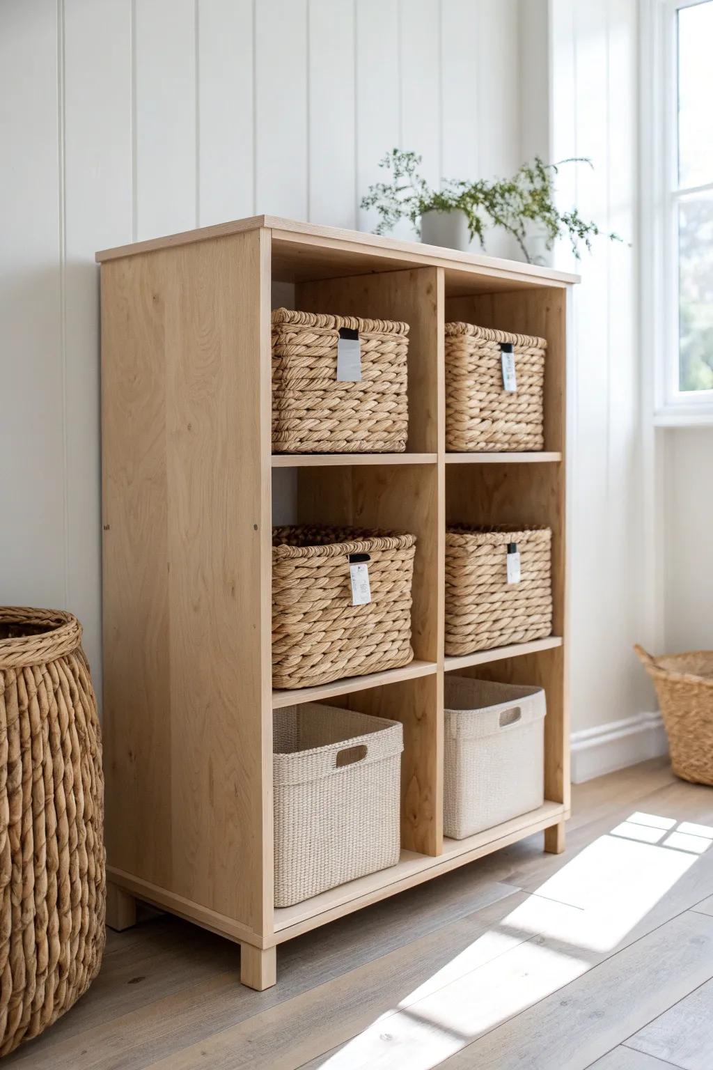 Open cubby shelves + woven baskets: the prettiest way to replace closet doors and hide clutter.