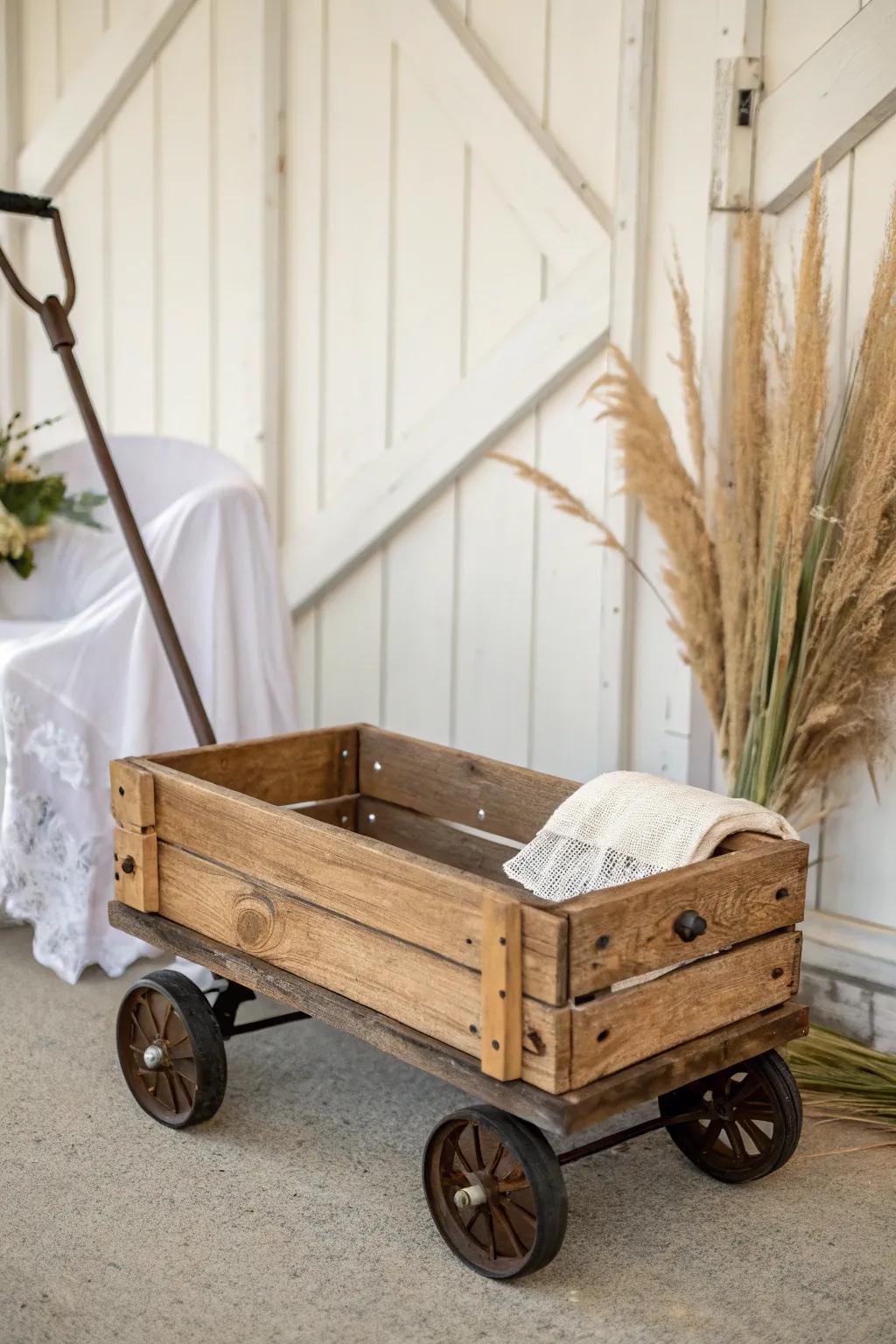 Rustic barn-wood side rails that turn a simple wagon into a wedding-ready ring bearer ride.