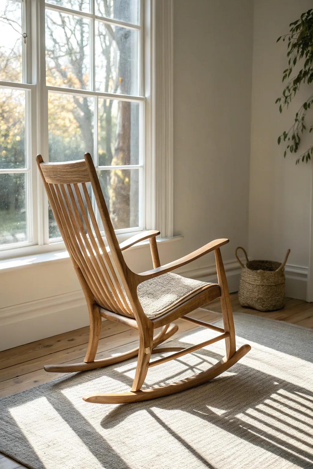 Sunlit reading nook magic: a crafted oak rocker by the window for slow, cozy pages.