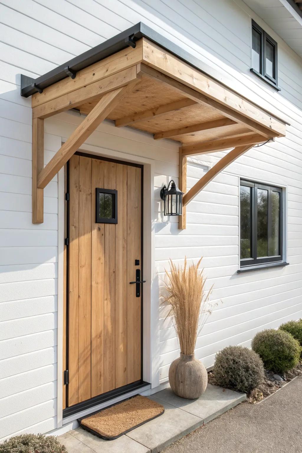 Clean shed-roof awning in warm oak—simple lines, fast build, and a modern farmhouse look.