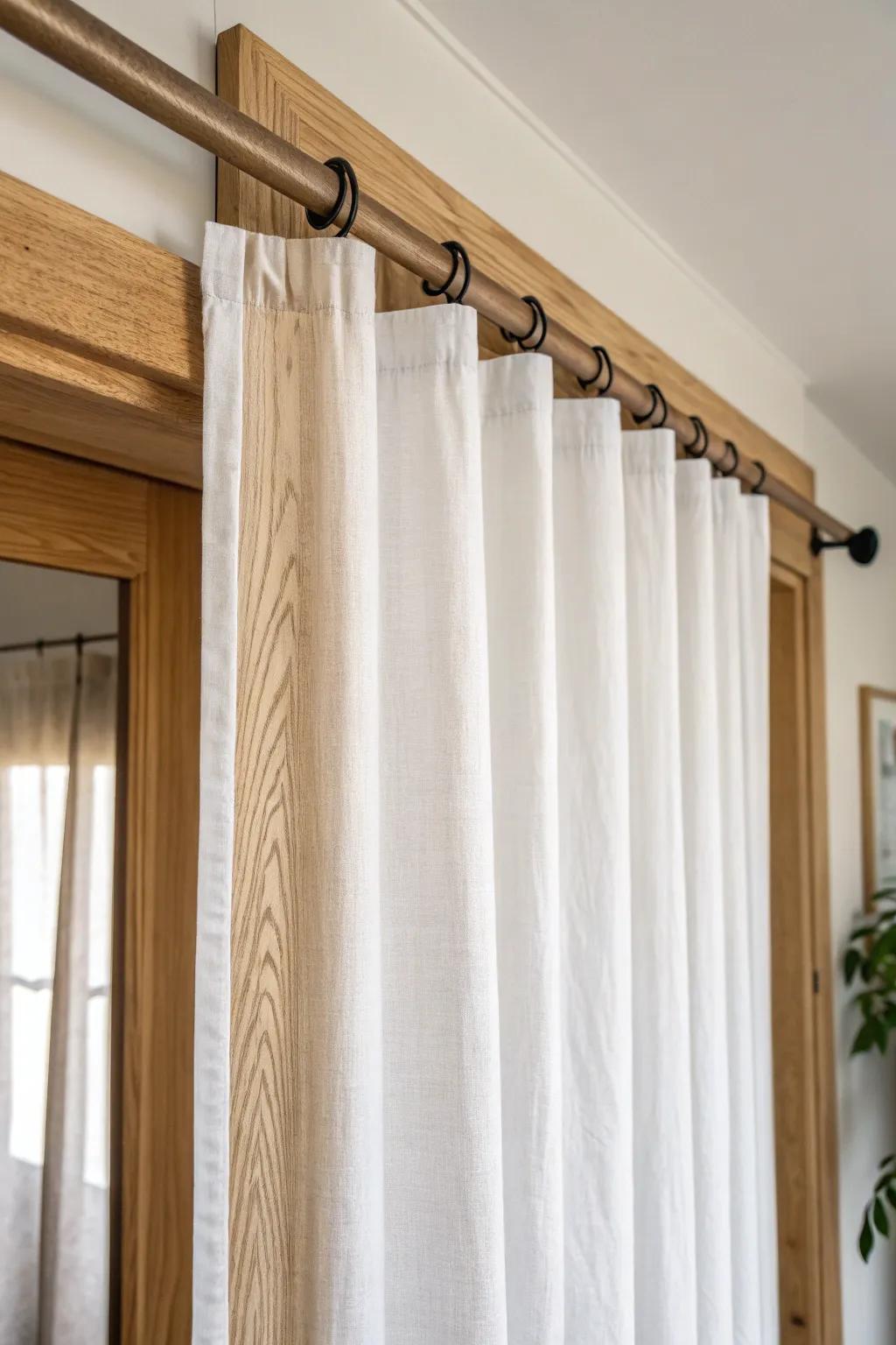 No-drill studio divider: a linen curtain on an oak tension rod for instant cozy zoning.
