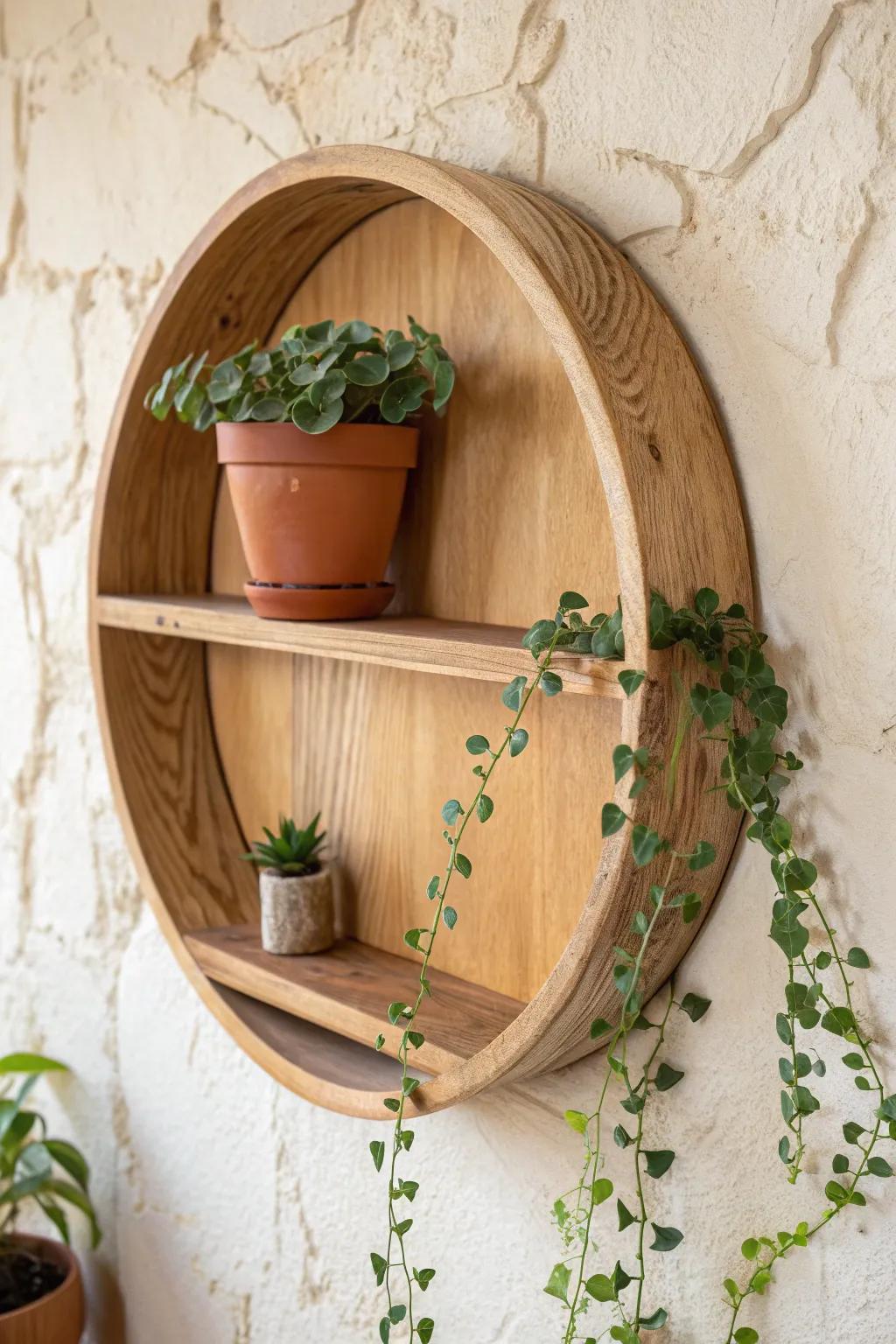 A trailing vine draped over a round wooden shelf breaks the circle for an effortless styled look.