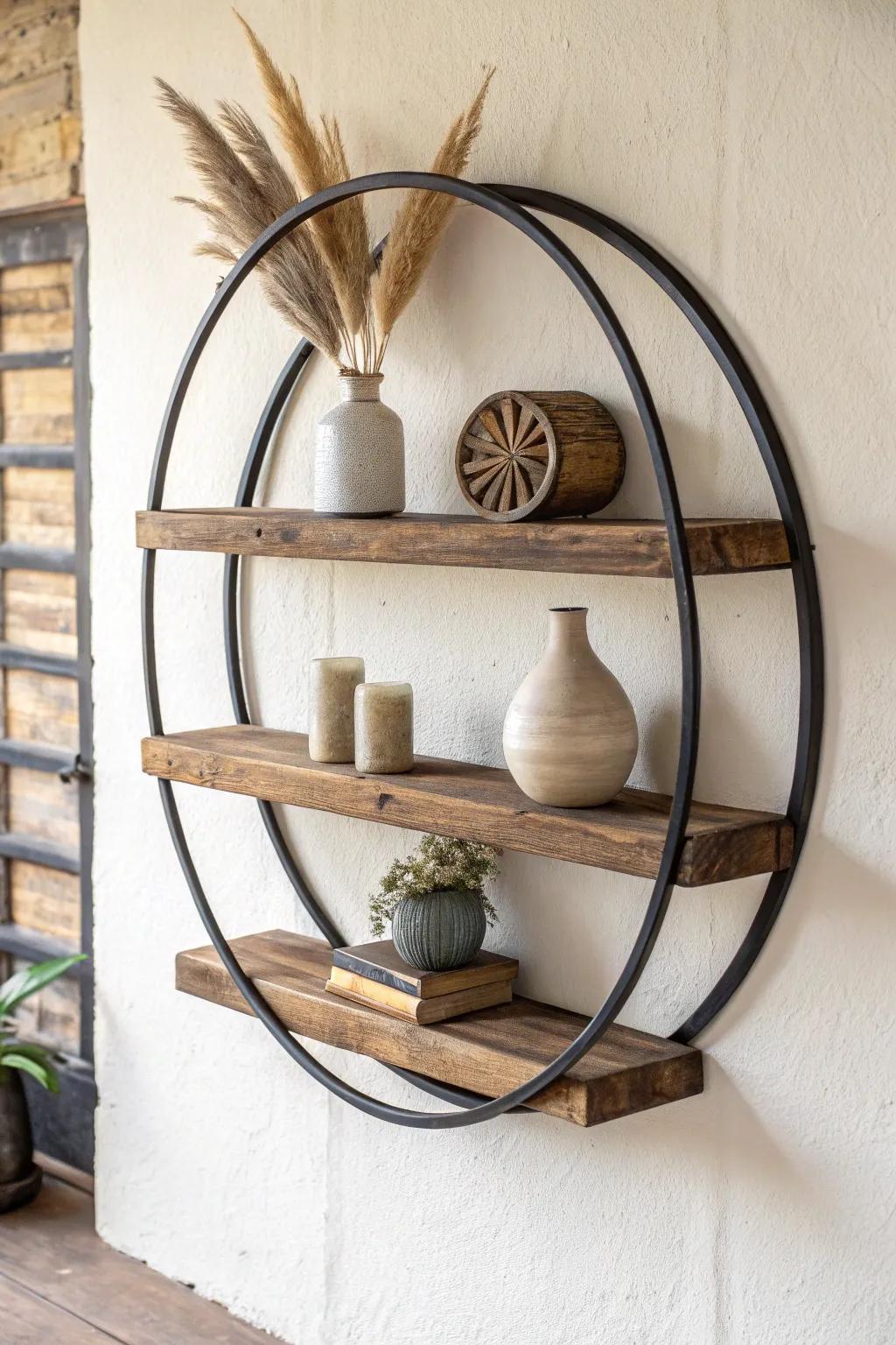 Dark metal ring + rustic wood planks for a chic industrial farmhouse round wall shelf