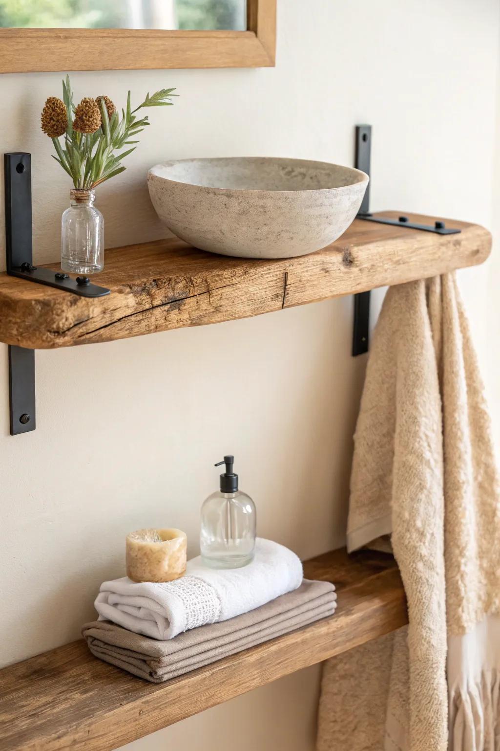 Chunky reclaimed-wood floating shelf on matte-black brackets—simple, rustic, and practical.
