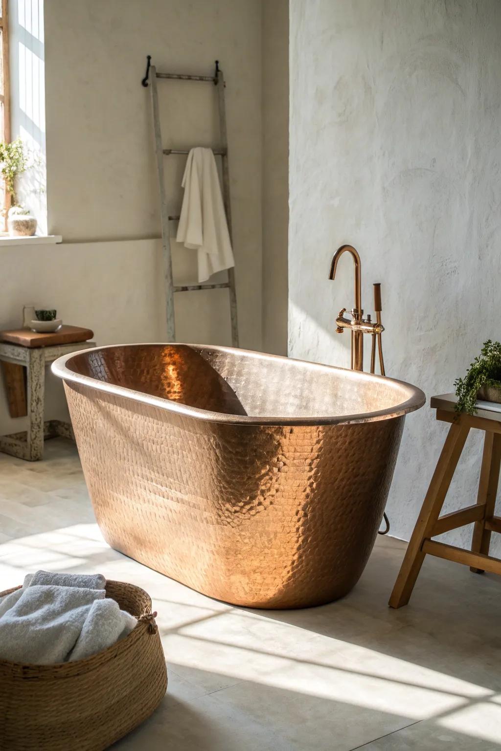 Hammered metal tub with a warm patina—rustic luxury that glows in soft, cozy light.