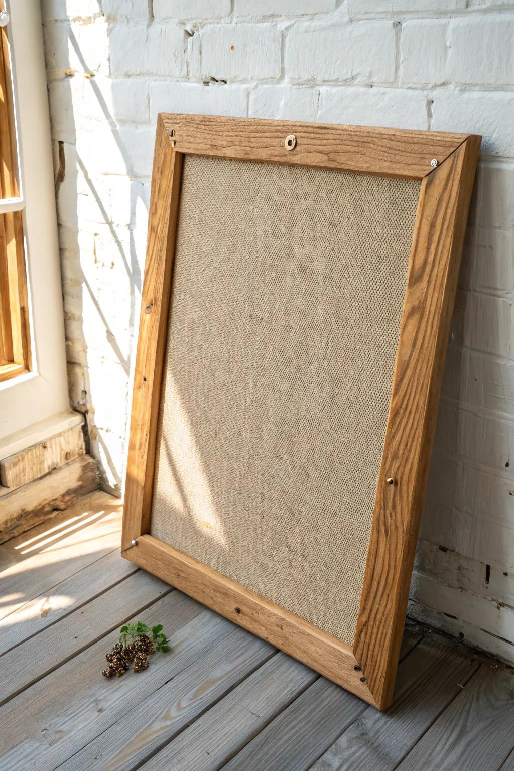 Burlap-wrapped pin board: soft texture, easy pinning, and rustic Scandinavian charm.