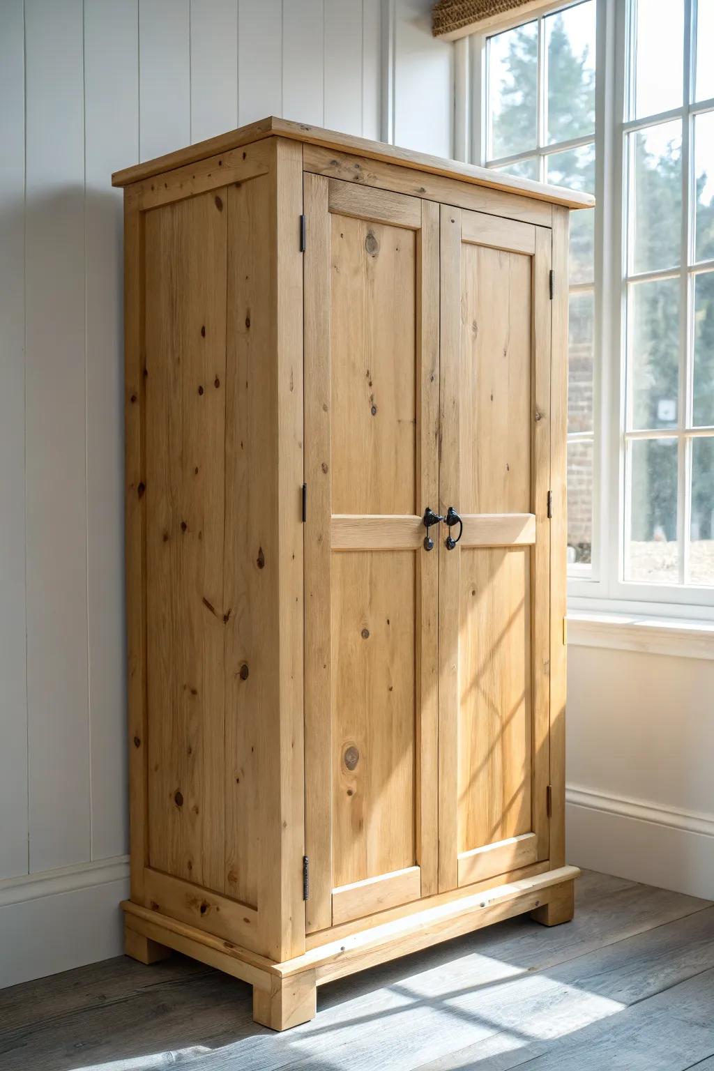 Knotty pine cabinet sealed matte—rustic warmth with clean Scandinavian calm and boho ease.