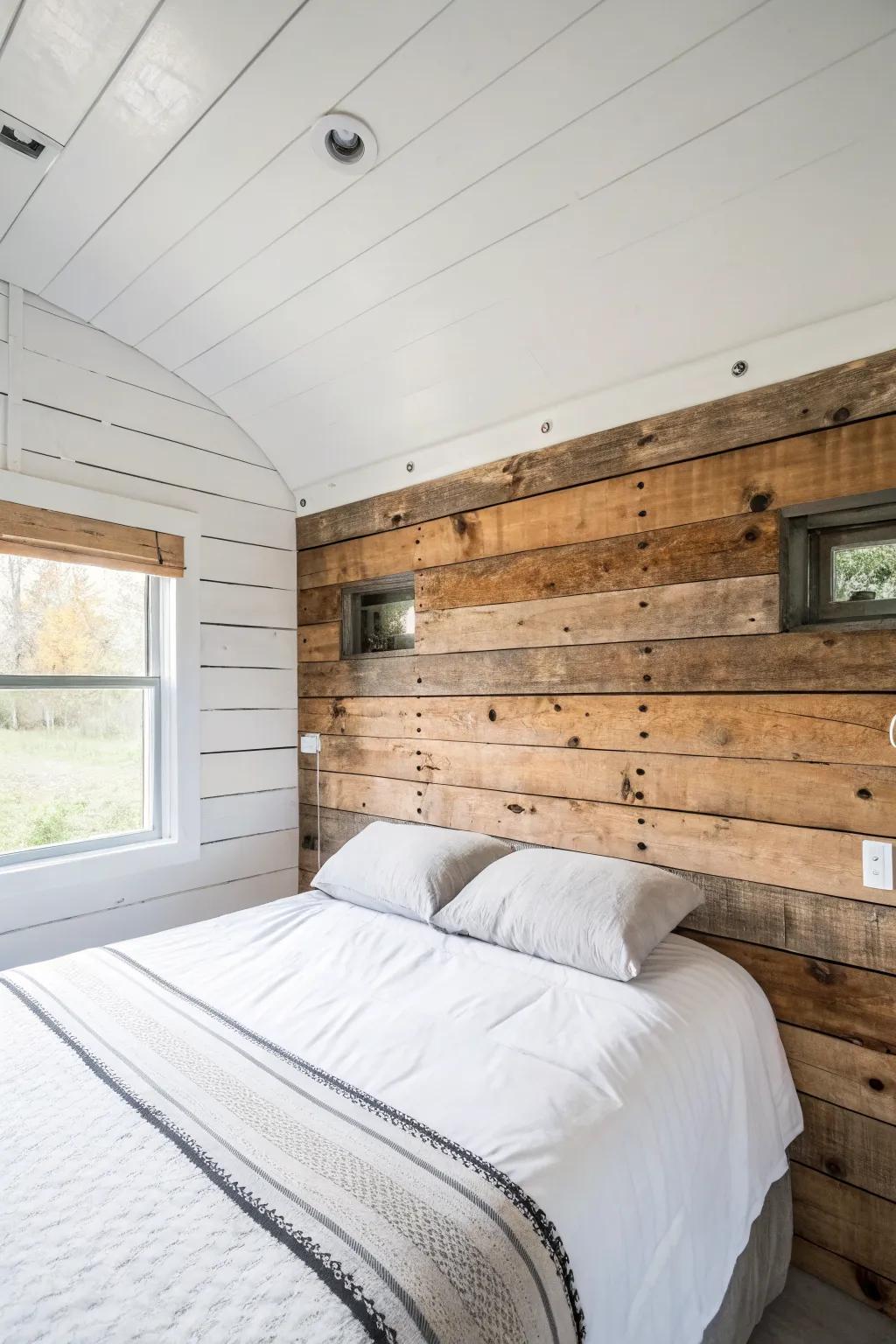 Weathered fence boards become a warm reclaimed-wood accent wall for a cozy camper bed nook.
