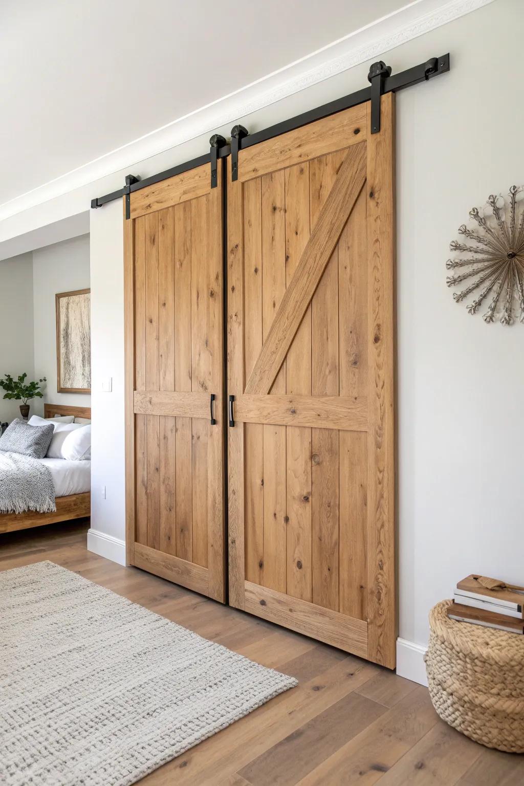 Double rustic barn doors bring wide closets balance, warmth, and a beautifully finished look.